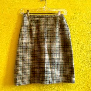 Vintage Chartreuse Wool Plaid Skirt•Above Knee